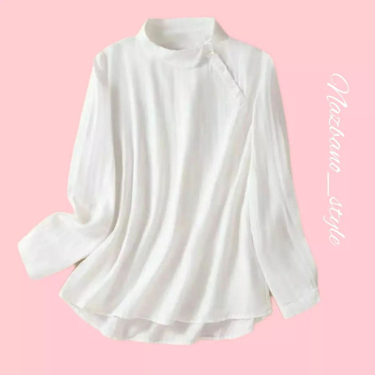 شومیز نخی آستین بلند مچی یقه بسته سفید