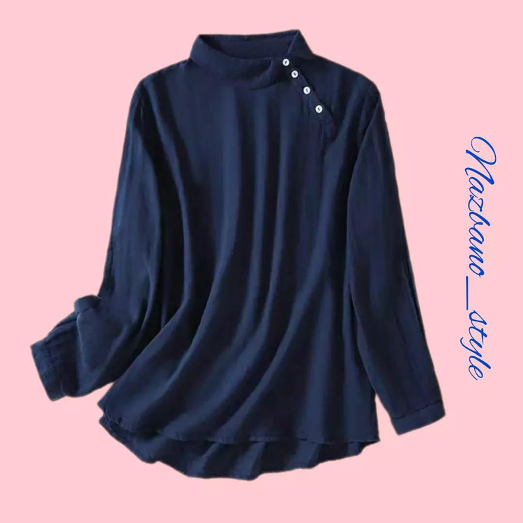 شومیز نخی آستین بلند مچی یقه بسته آبی نفتی