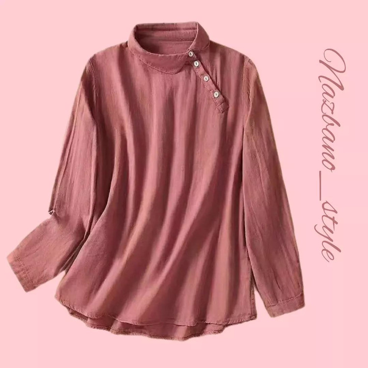 شومیز نخی آستین بلند مچی یقه بسته بنفش