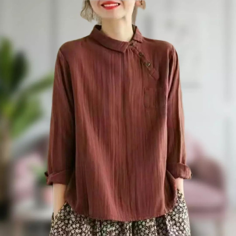 شومیز خنک تابستانه آستین بلند یقه بسته دکمه دار