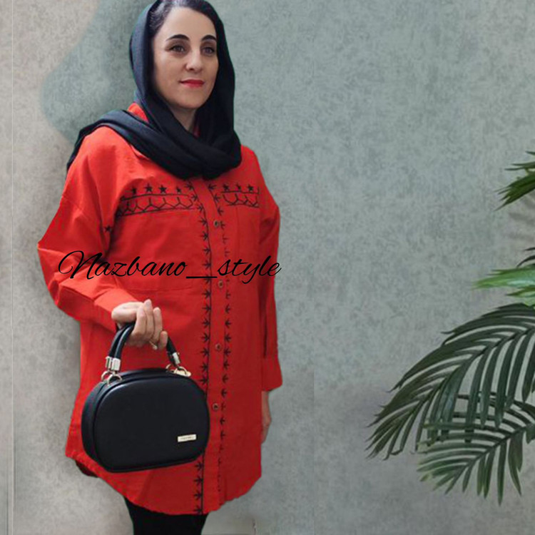 مانتو لینن گلدوزی قرمز