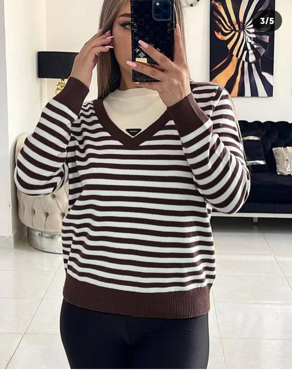 بلوز بافت راه راه قهوه ای