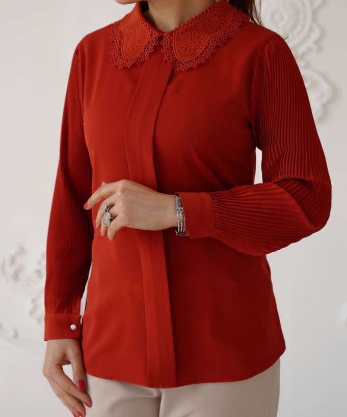 شومیز مجلسی زنانه آجری یقه گیپور