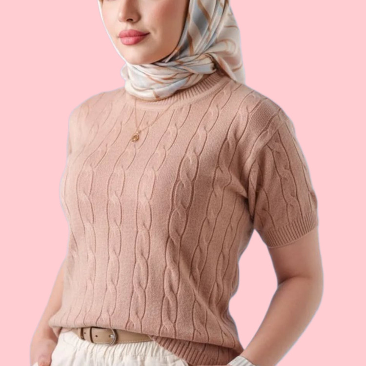 بلوز بافت آستین کوتاه زنانه رنگ یاسی چرک