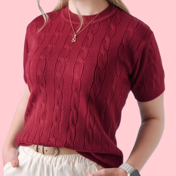 بلوز بافت آستین کوتاه زنانه رنگ آلبالویی