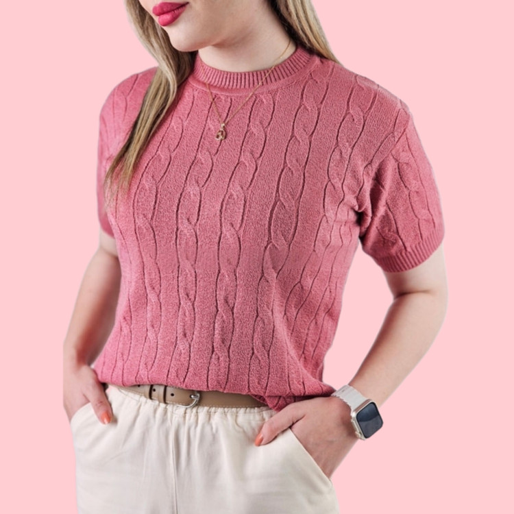 بلوز بافت آستین کوتاه زنانه رنگ صورتی