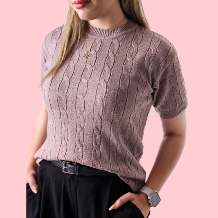 بلوز بافت آستین کوتاه زنانه رنگ یاسی کبود